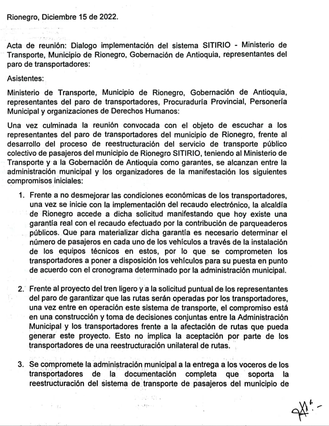 SE LEVANTÓ EL PARO EN RIONEGRO